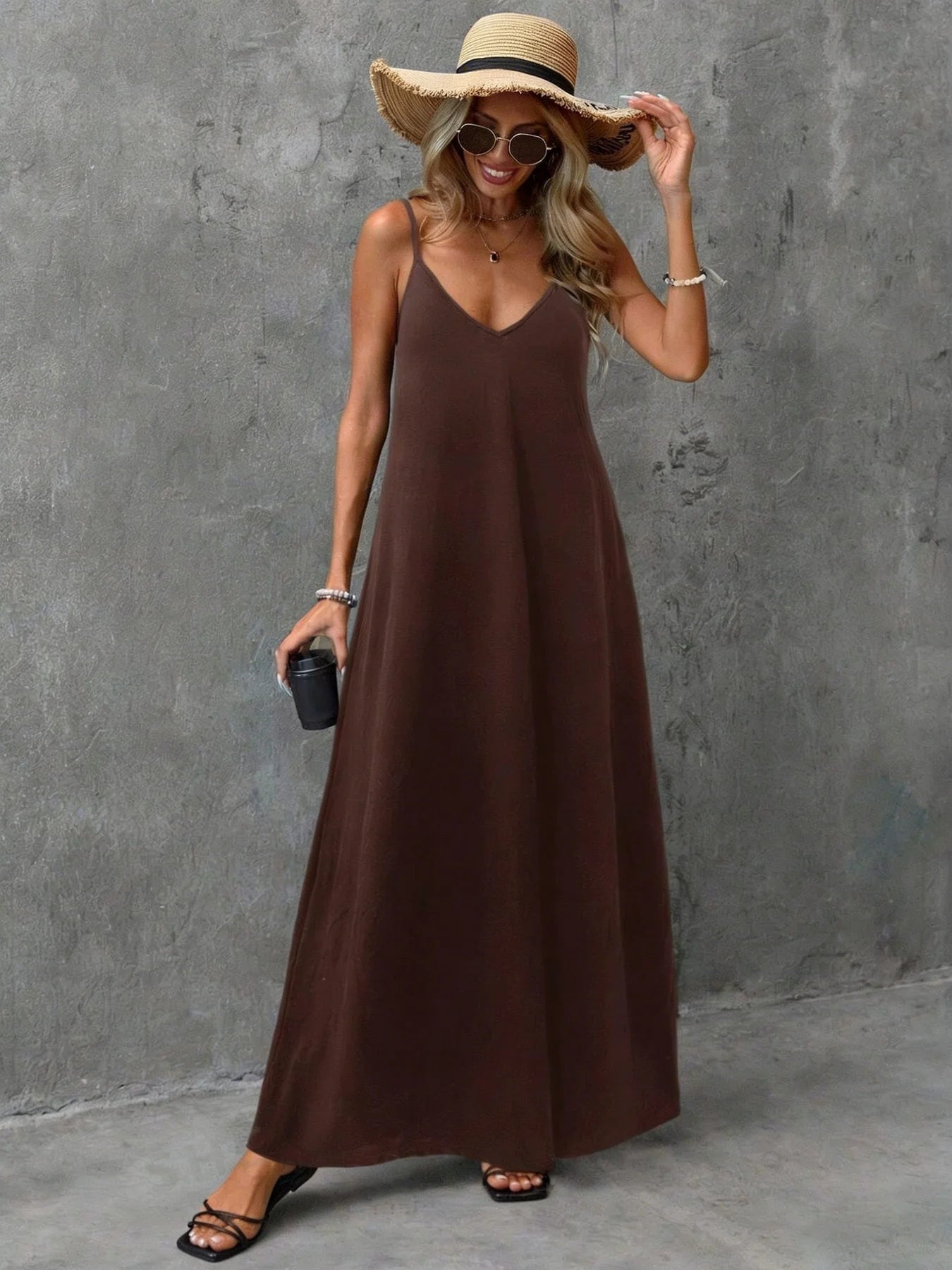 2026 casual and elegant women's clothing - loose solid color backless camisole V-neck sleeveless dress long skirt