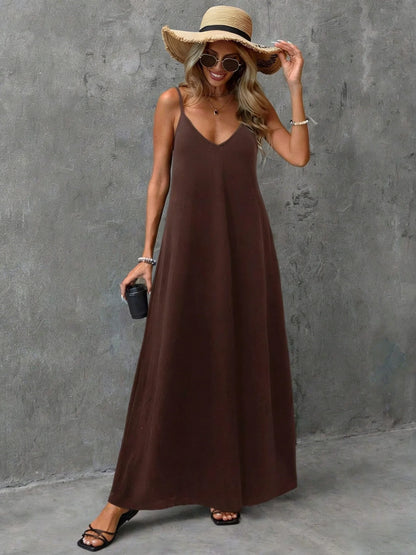 2026 casual and elegant women's clothing - loose solid color backless camisole V-neck sleeveless dress long skirt