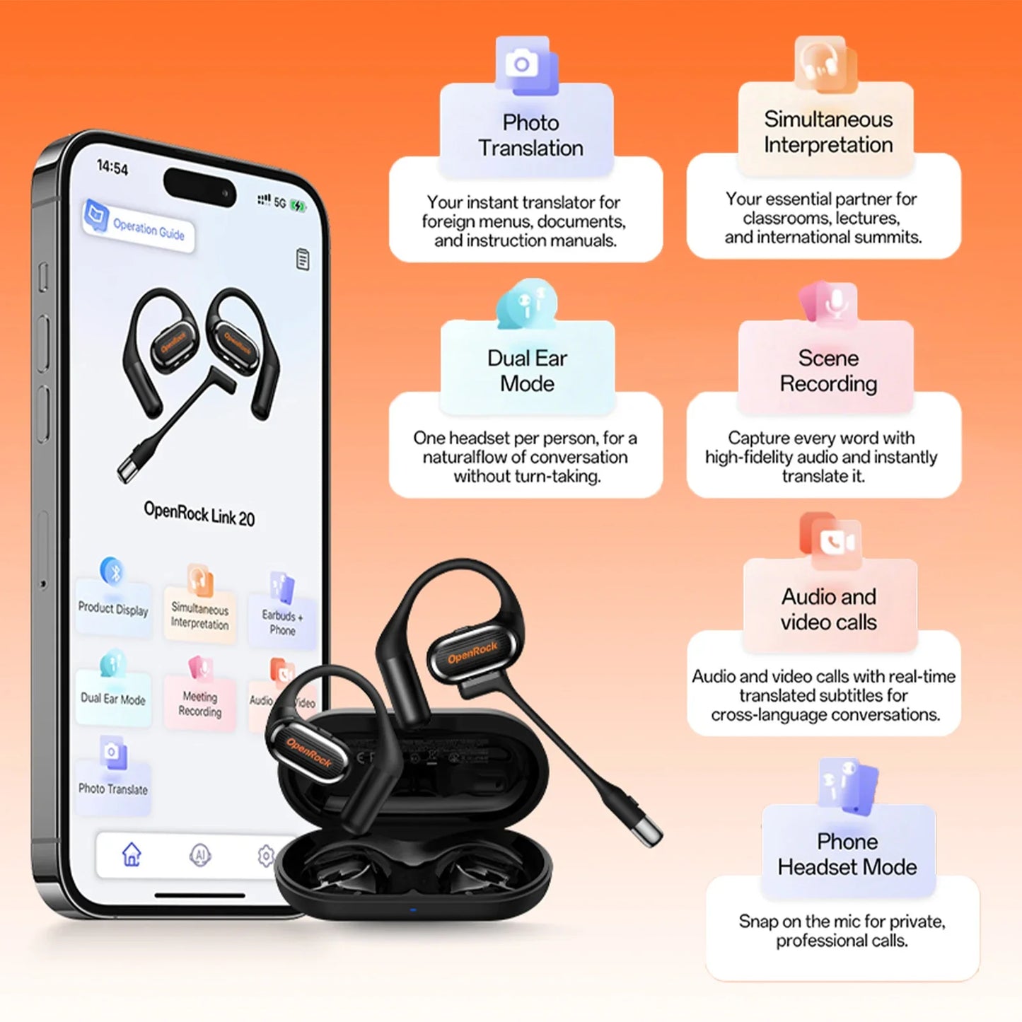 OpenRock Link 20 AI Translator Bluetooth 6.0 Earphones Open Ear Wireless Headphones With Magnetic ENC Mic IPX7 Sport Earbuds APP
