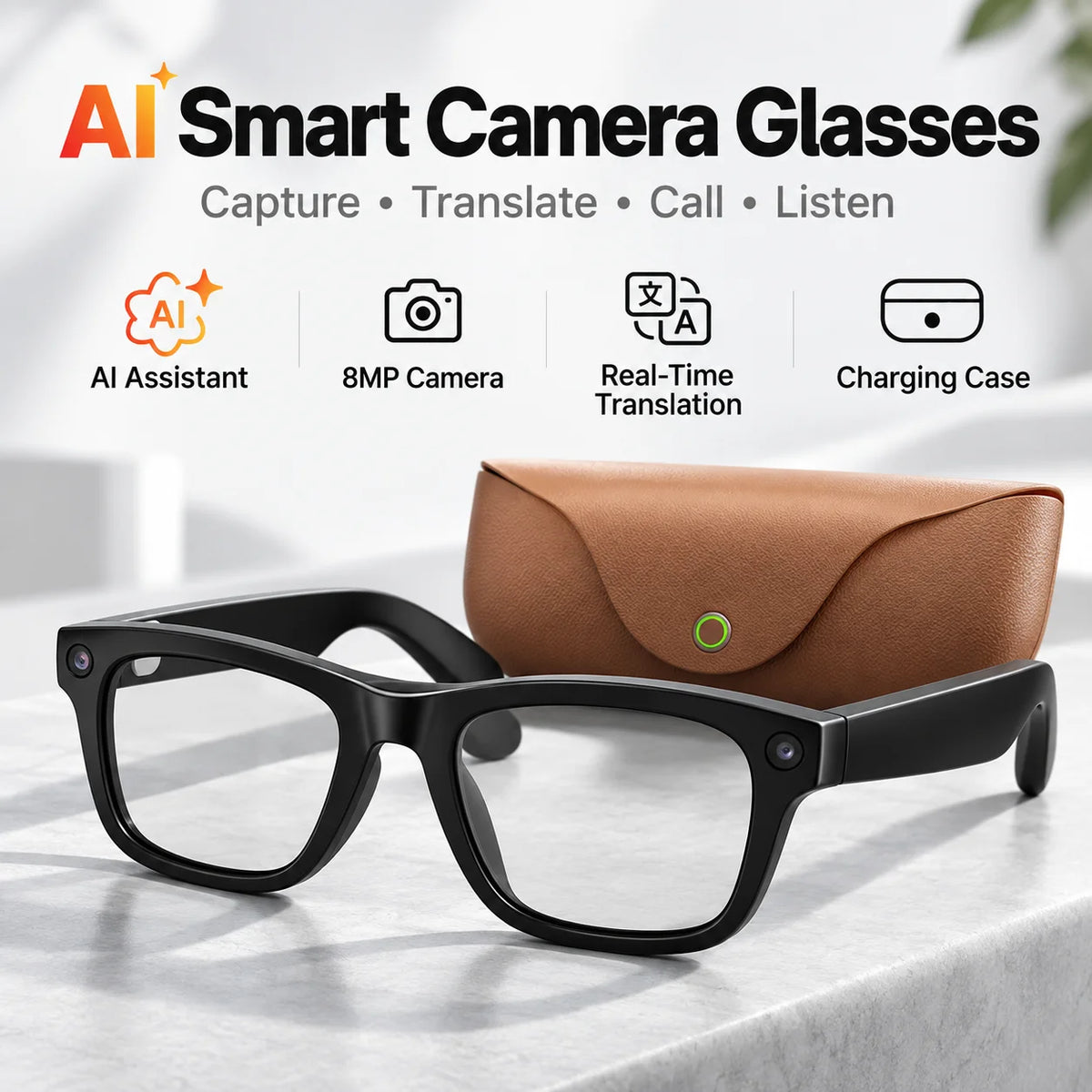 MT5 Ultra AI Smart Glasses 8MP Camera Video Recording Real-Time Translation Bluetooth Call Music with Charging Case