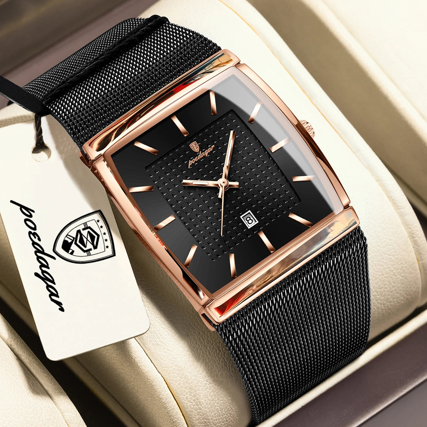 POEDAGAR Original Luxury Men's Wristwatch Stainless Steel Mesh Waterproof Luminous Date Man Watch Fashion Quartz Watches For Men