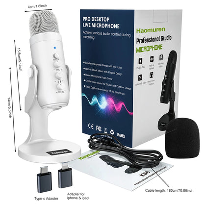 Haomuren Professional White USB Condenser Microphone Studio Recording Mic for PC Computer Phone Gaming Streaming Podcast Youtube