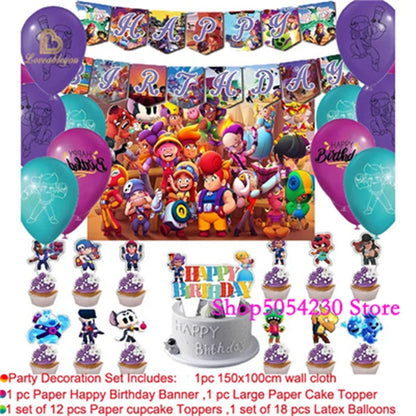 Brawl Stars Happy Birthday Party Supplies Set Cartoon Game Theme Tableware, Paper Plates & Backdrop Decorations for Celebrations