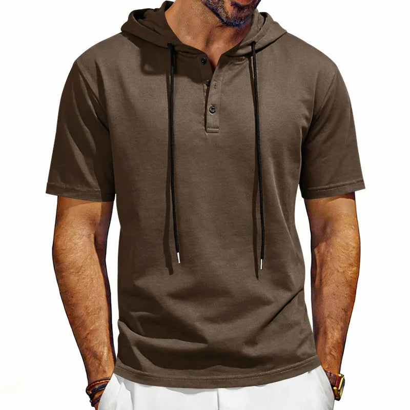 Summer Men's Short Sleeve Hooded T-Shirt Henry Neckline Drawstring Design Casual Loose Breathable Sporty Vest