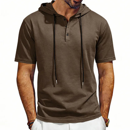 Summer Men's Short Sleeve Hooded T-Shirt Henry Neckline Drawstring Design Casual Loose Breathable Sporty Vest