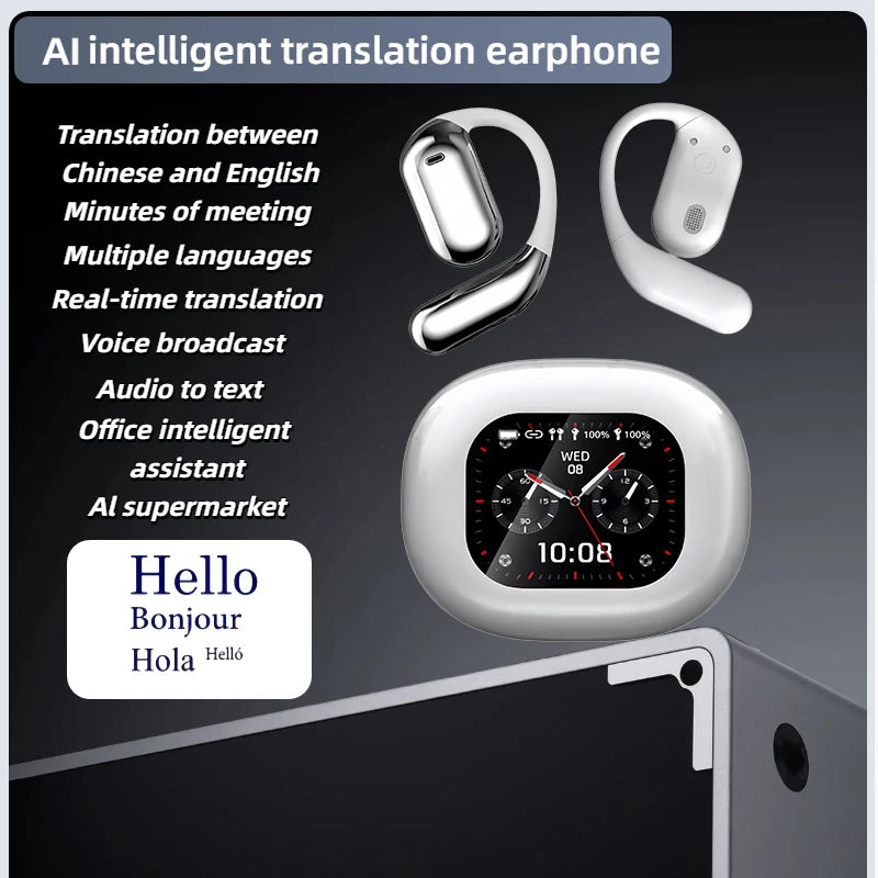 AI Translating Earbuds Real-time 144 Languages Translation Earphone Touch LCD Screen OWS Open Ear Wireless Headphone HiFi Stereo