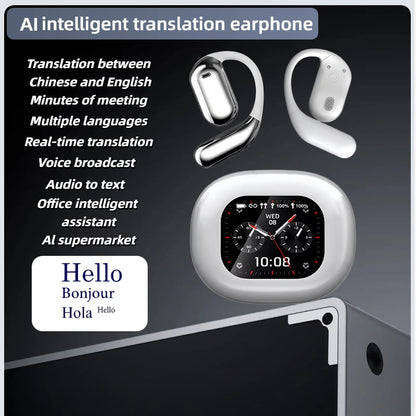 AI Translating Earbuds Real-time 144 Languages Translation Earphone Touch LCD Screen OWS Open Ear Wireless Headphone HiFi Stereo