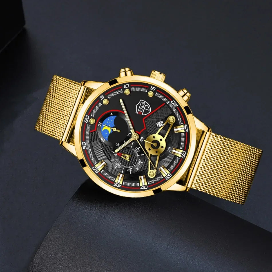 DEYROS Luxury 1/6 Pcs/ Set Men's Watch Set Quartz Outdoor Mesh Alloy Strap Trendy Style Men's Watches Gift Ideas