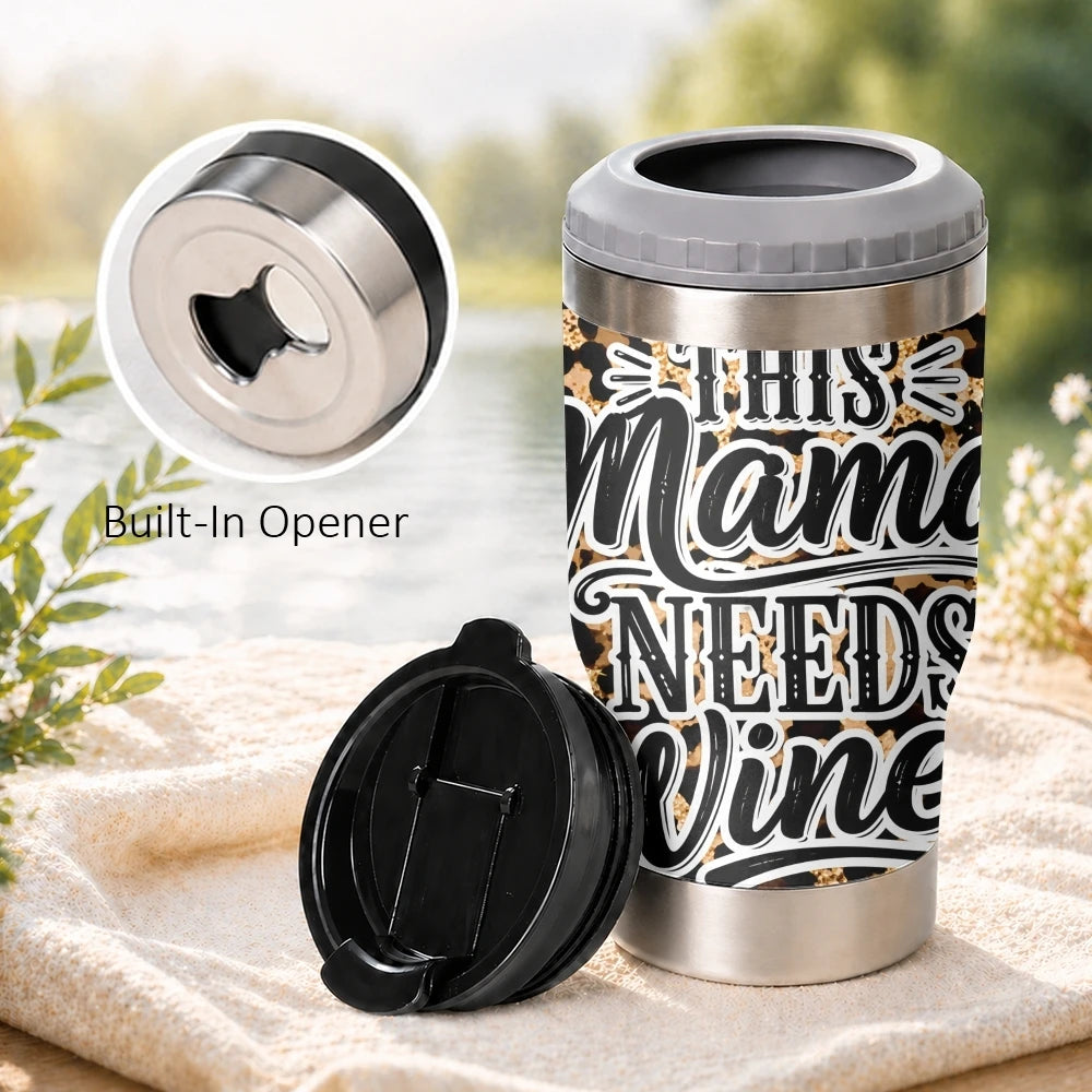 Mama Needs a Drink Leopard Vacuum Flasks 4-in-1 Stainless Steel Can Cooler Insulated Beer Soda Coffee Holder Dual Lids Fits 12oz