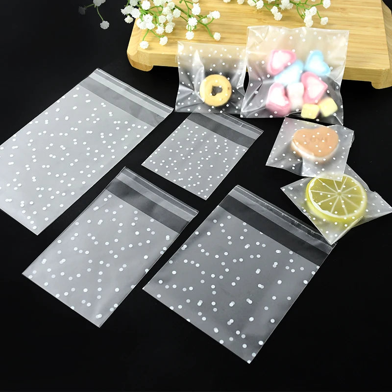 100pcs Plastic Transparent Cellophane Bags Polka Dot Candy Cookie Gift Bag Self Adhesive Candy Bags for Wedding Birthday Party