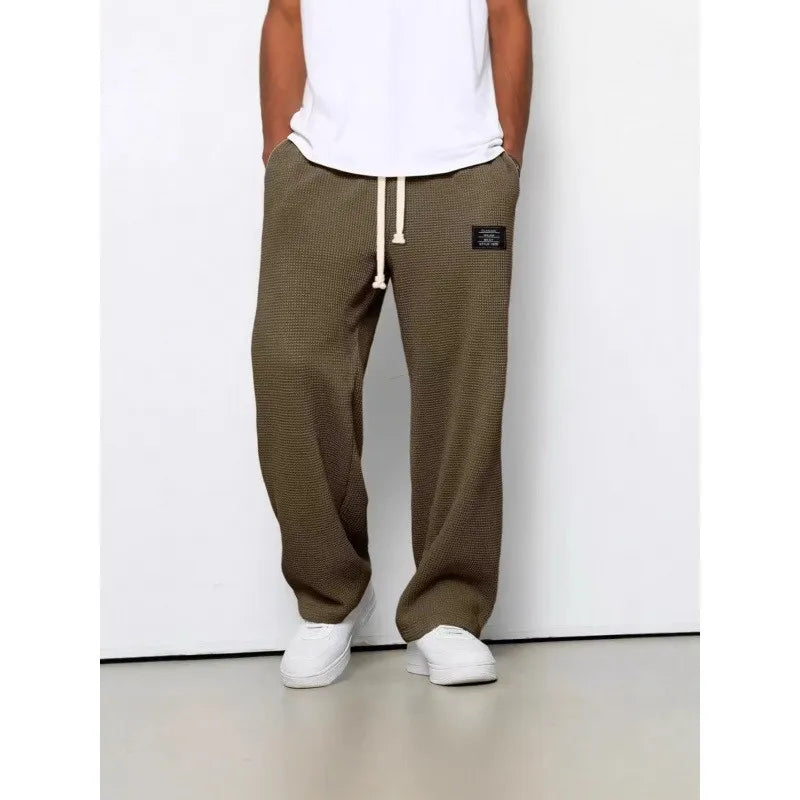 Men Waffle Knit Wide Leg Pants Elastic Drawstring Casual Trousers Loose Streetwear Workout Jogger PantsS-4XL