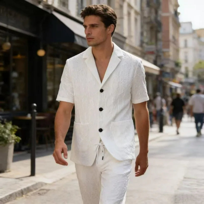 KIDWHXR Summer Man Suit Set Korean Thin Slim Short Sleeve Male 2-piece Outfit Men Single-breasted Blazer Elastic Waist Pant