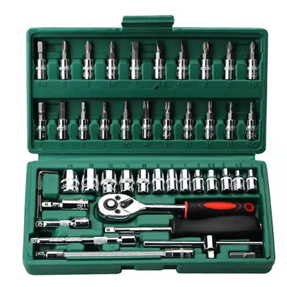 46Pcs Car Repair Tool Set, 1/4-Inch Drive Ratchet Wrench Kit, Metric Socket & Bit Set,Auto Maintenance Tools,for Car Maintenance