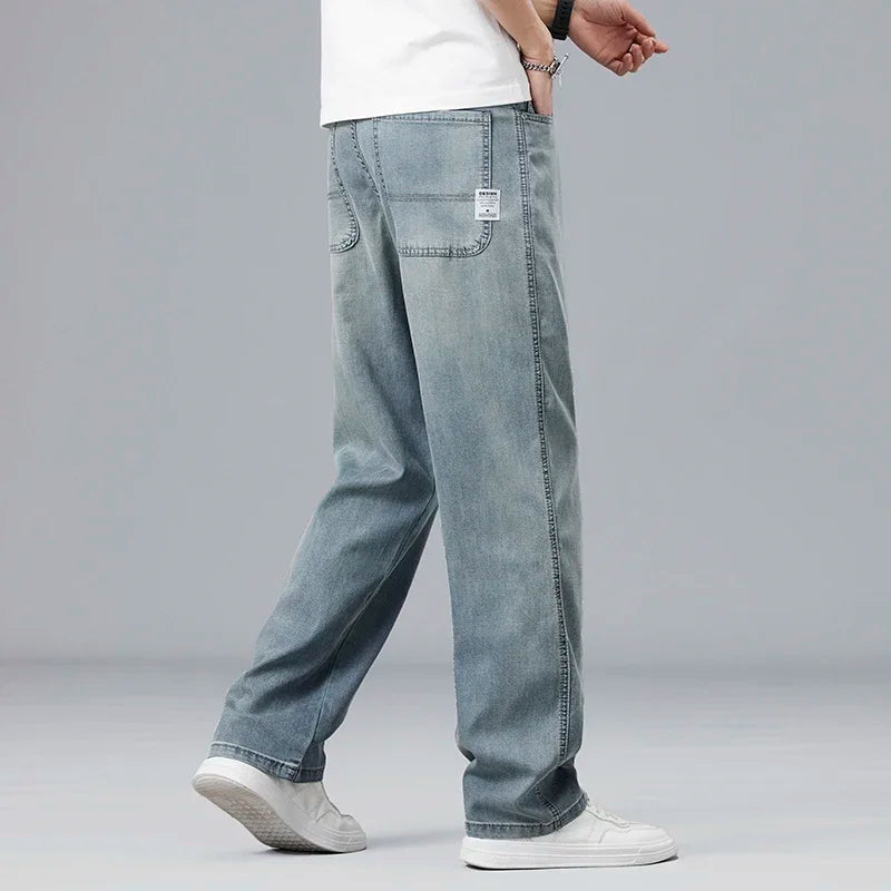 Lyocell Ultra-thin Summer Men's Jeans Elastic Ice Silk Drape Soft Loose Pants Straight Casual Denim Male Clothing Trousers
