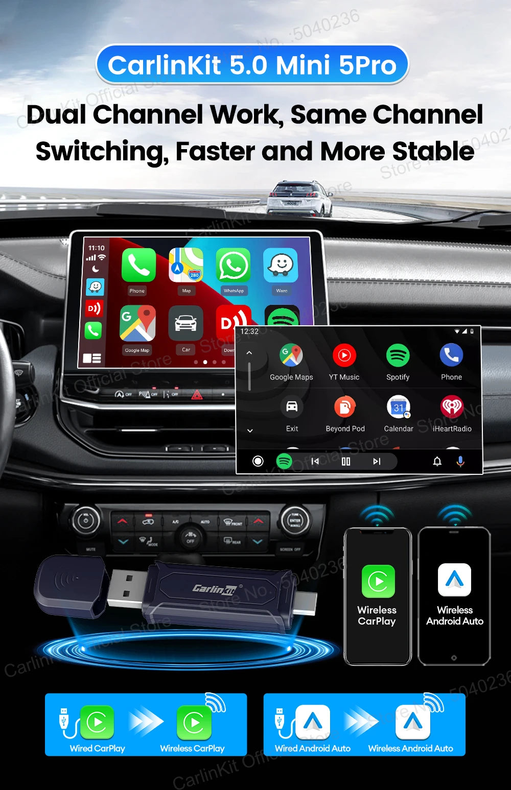 Mini 5 Pro CarlinKit 5.0 Wireless CarPlay Dongle Wireless Android Auto Adapter AI Smart Box Car Intelligent Systems For OEM Car
