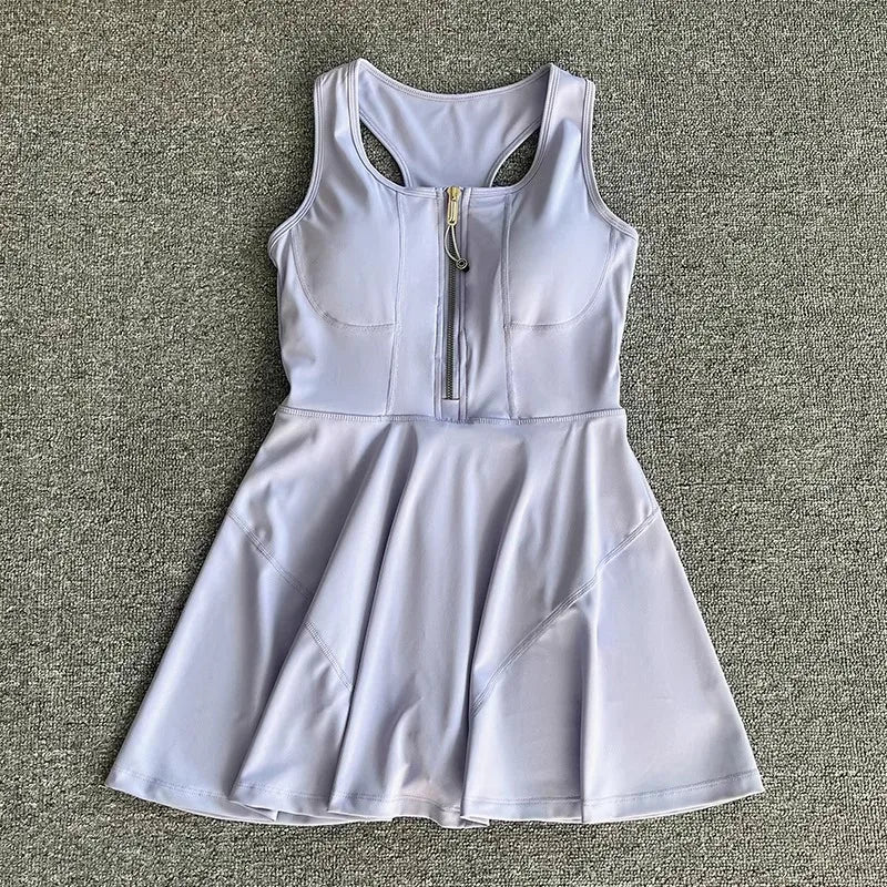Tennis Skirt Casual Half Zipper Sports Fitness Dress Anti-Running High Waist Slim Golf Yoga Dress