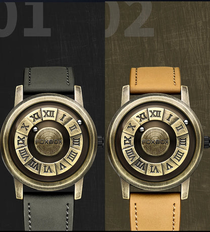 FOXBOX Fashion Leather Watch Men Creative Rolling Pointer Design Watch Men Casual Business Military Men's Quartz WristWatches