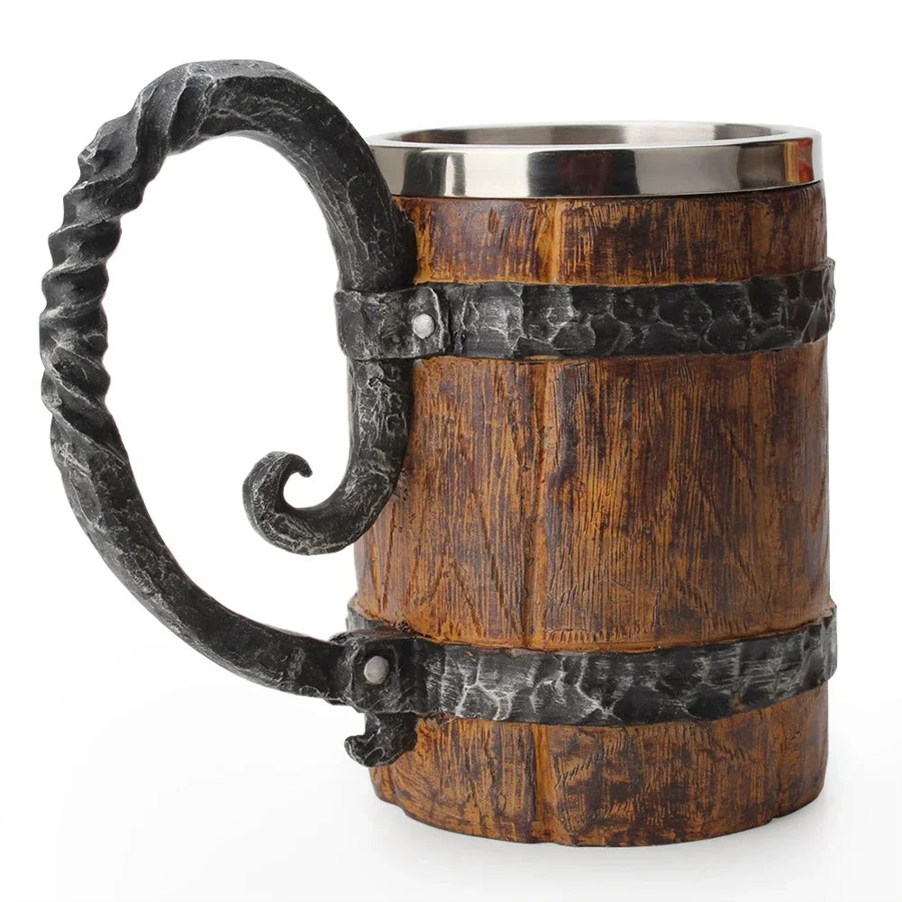 Viking Wood Style Beer Mug, Simulated Wooden Barrel Double Wall Metal Insulated Cup, 1Pc Bar Drinking Mug
