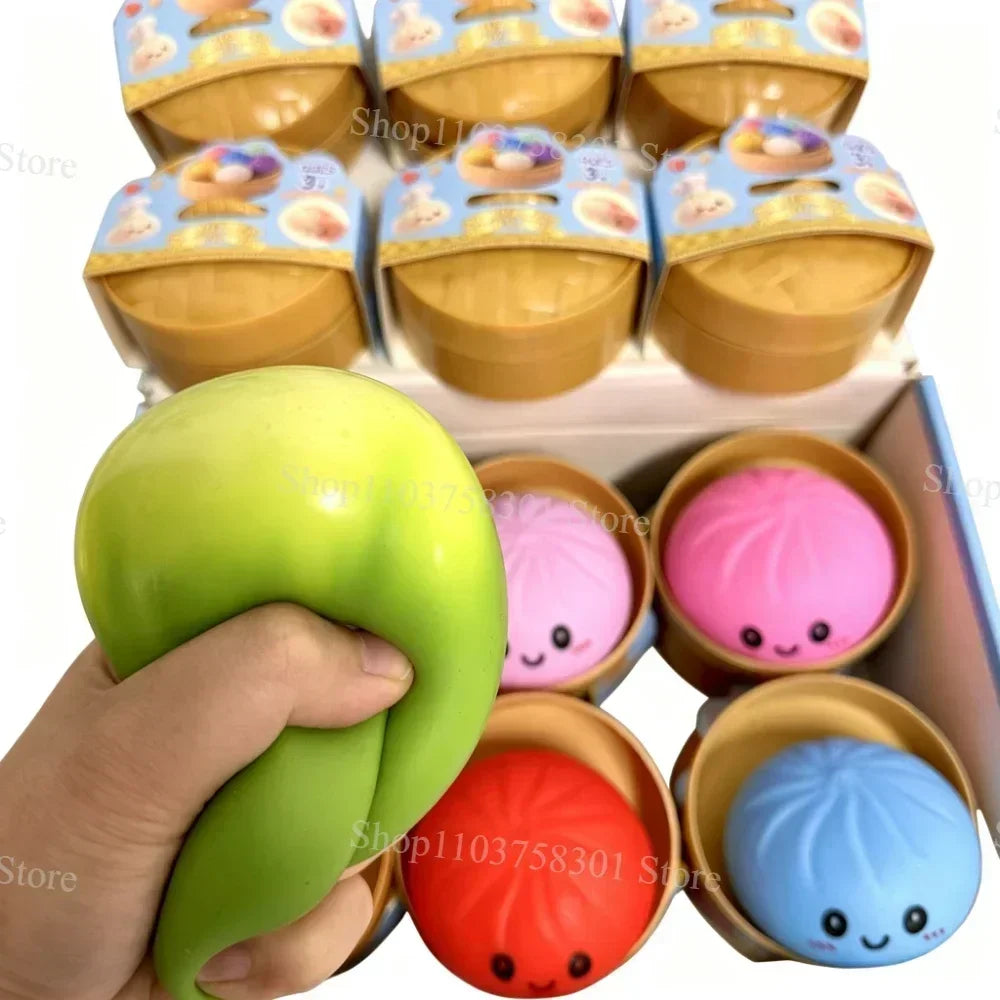 Colorful Dumpling Squishes Stress Balls Fidget Sensory Toys Simulation Food Squishies Bun with Steamer Squeeze Dough Ball Gifts