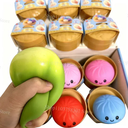 Colorful Dumpling Squishes Stress Balls Fidget Sensory Toys Simulation Food Squishies Bun with Steamer Squeeze Dough Ball Gifts