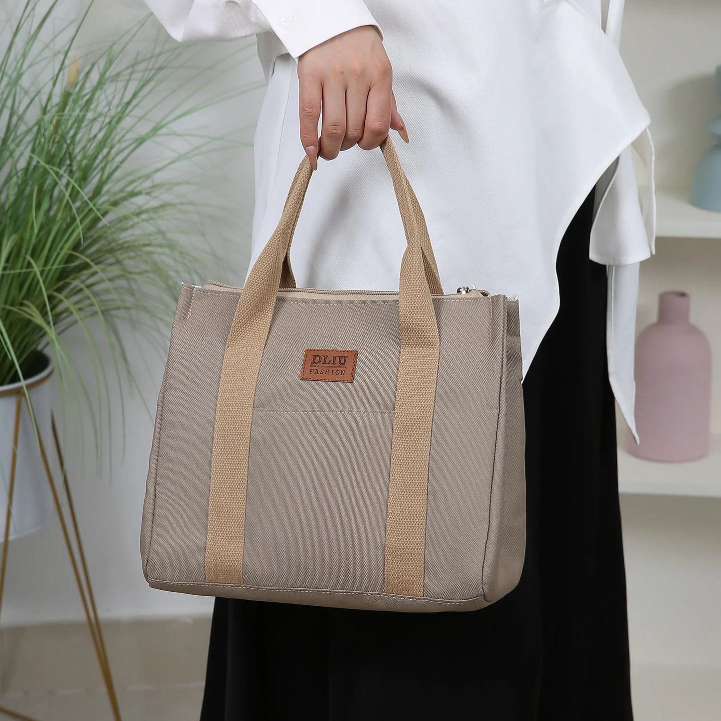 Solid Color Lunch Bag, Tote Bag with Foil Inner Zipper Closure Large Capacity Portable, Work, School, Utility Bag with Meals