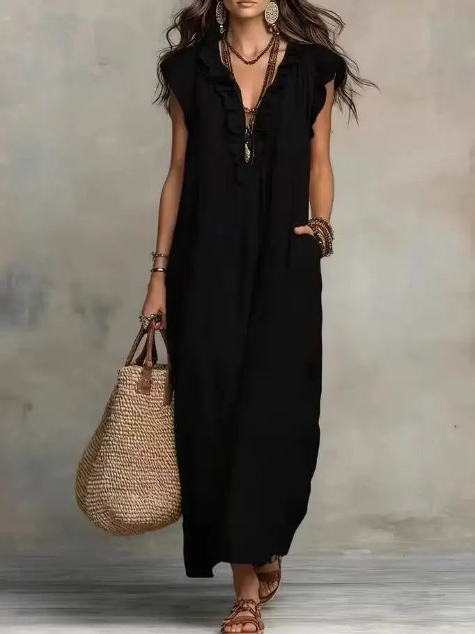 2026 Summer Women Boho Cotton Linen Maxi Dress Solid Color Ruffle V Neck Sleeveless Loose Long Dresses With Pockets Casual Beach