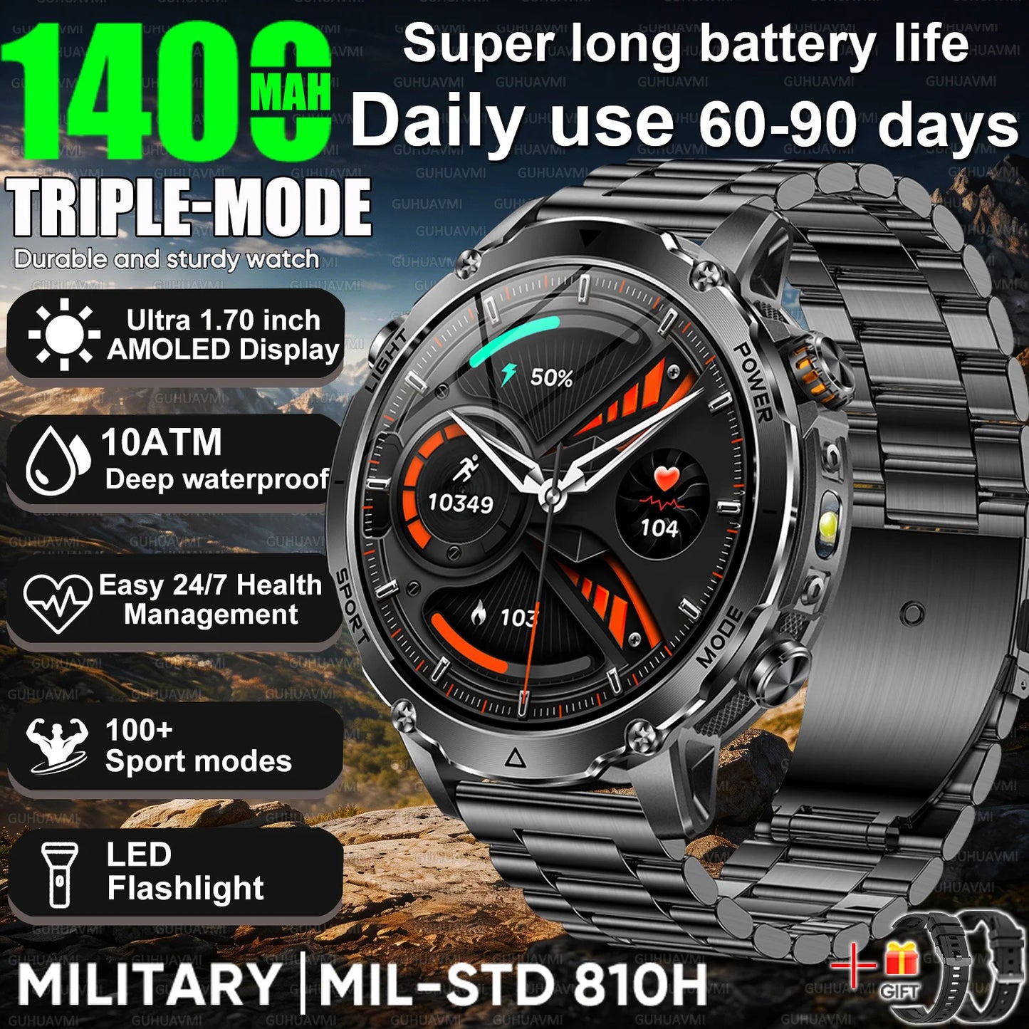 2026 Nowy Wojskowy CZOŁG Smartwatch Połączenia Bluetooth Wodoodporność 10ATM Bateria 1400mAh Monitorowanie Tętna Zegarek Sportowy Outdoor Męski