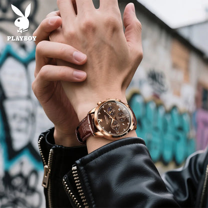 PLAYBOY 3035 Brand original authentic watches for man luxury Gift Box fashion Belt chronograph calendar quartz men's watch