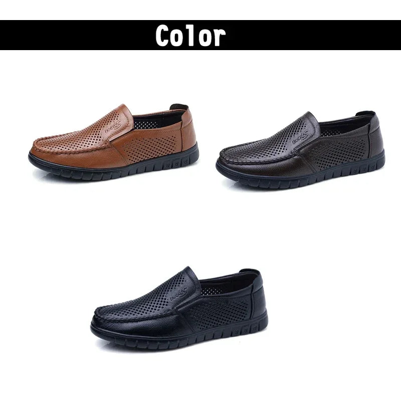 Men's Slip-On Loafers Summer Hollow Out Breathable Casual Shoes Comfortable Soft Sole Anti-Slip Leather Shoes-8822