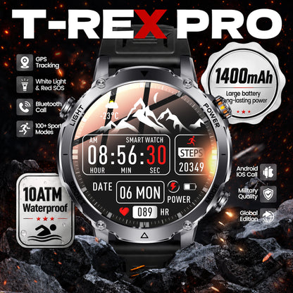 2026 T-REX PRO Hiking GPS Smart Watch 1400mAh 1.7"HD Display 10ATM Waterproof Dual SOS LED Flashlight BT Call Smartbracelet  Men