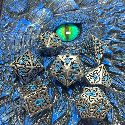 7 Pcs Cosplay D4-D20 DND Brass Gold Polyhedral Sharp Edge Casino Dice Rpg Table Board Game Tray Gem Stone Dragon Metal Steel Set