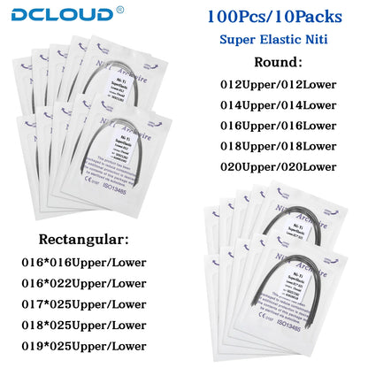 100Pcs/10Packs Dental Orthodontic Ovoid Form Archwires Niti Super Elastic Round Rectangular Wire 012/014/016/018/16X16/16X22