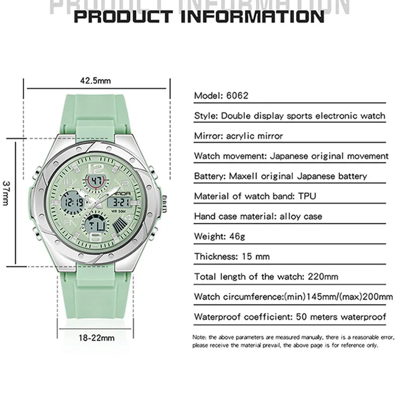 SANDA Luxury Ms LED Digital Sport Watch Fashion Casual Gold Wrist Watch Women Girl Military Waterproof Quartz Wristwatches 6062