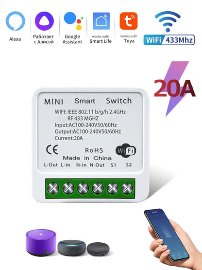 Tuya WiFi Smart Switch 16A 20A RF 433Mhz Relay Breaker Module 2-Way Control Smart Life App Remote Works with Google Home Alexa