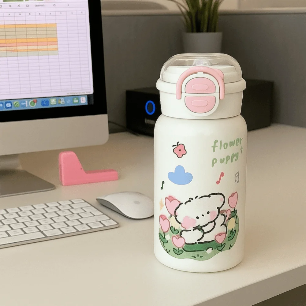 Cute 500ml Double Drinking Water Cup Cartoon Large Capacity Water Bottle with Straw Leak Proof Iced Coffee Cup Gym