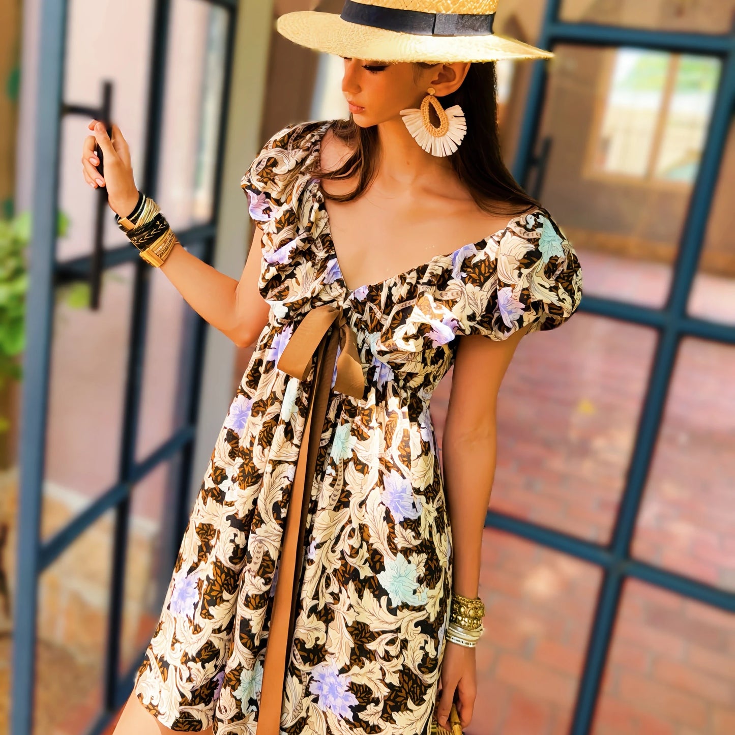 Summer Print Dress Women's Dress Tierred V Neck Bow Flying Sleeve Dress Knee-Length Skirt Y2K 2025 New DABUWAWA DM2BDR004