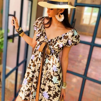 Summer Print Dress Women's Dress Tierred V Neck Bow Flying Sleeve Dress Knee-Length Skirt Y2K 2025 New DABUWAWA DM2BDR004