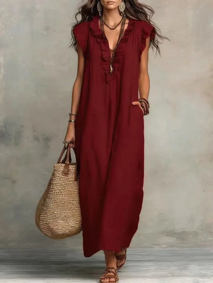 2026 Summer Women Boho Cotton Linen Maxi Dress Solid Color Ruffle V Neck Sleeveless Loose Long Dresses With Pockets Casual Beach