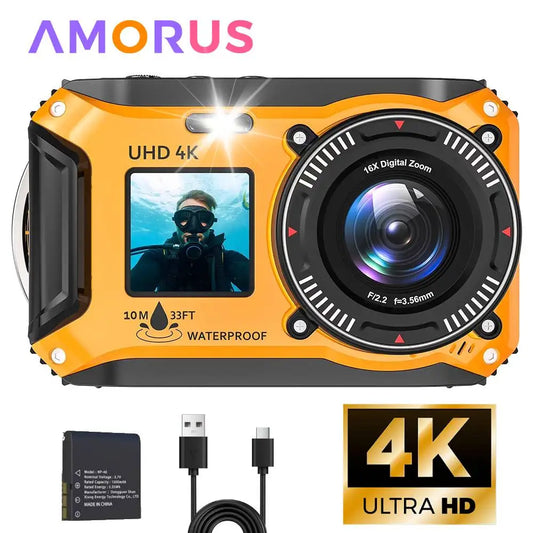 4K Underwater Camera 33FT Waterproof Camera for Snorkeling Dual-Screen Compact Dustproof Floatable Autofocus 64MP Digital Camera