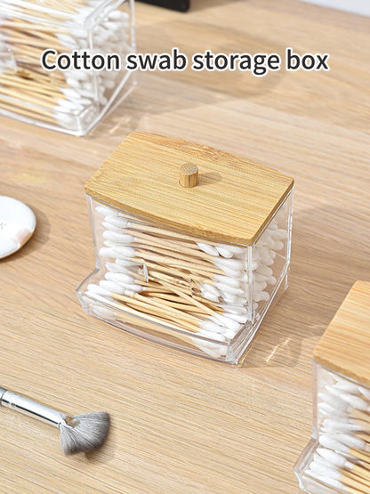 1 Household Cotton Swab Storage Tank, Acrylic Square Bamboo Cover Storage Box, Suitable For Bathroom, Bedroom, Transparent