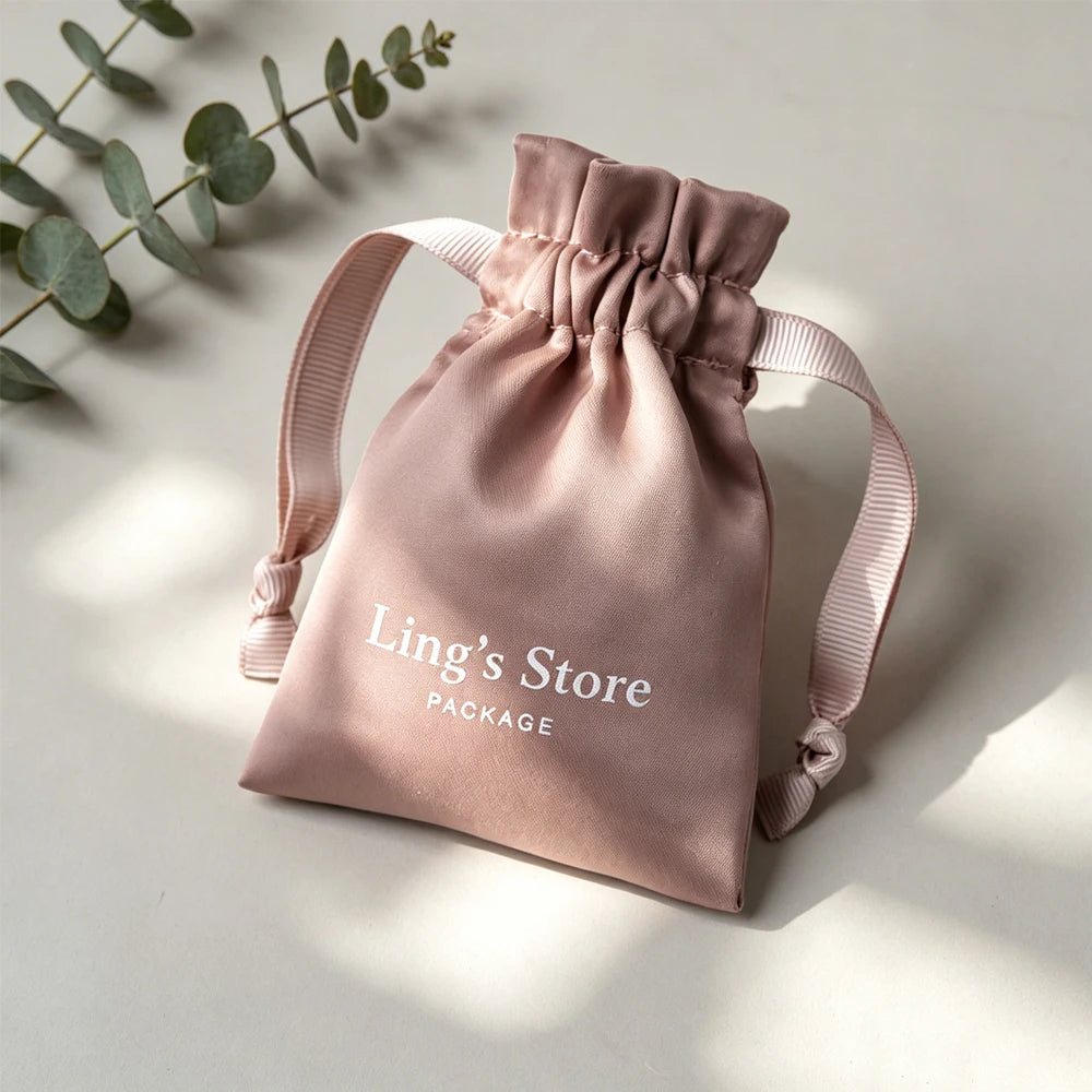 100Pcs Personalized Logo Jewelry Packaging Silk Satin Drawstring Bag Wedding Favors Candy Gift Pouch Ring Bracelet Cosmetic Sack