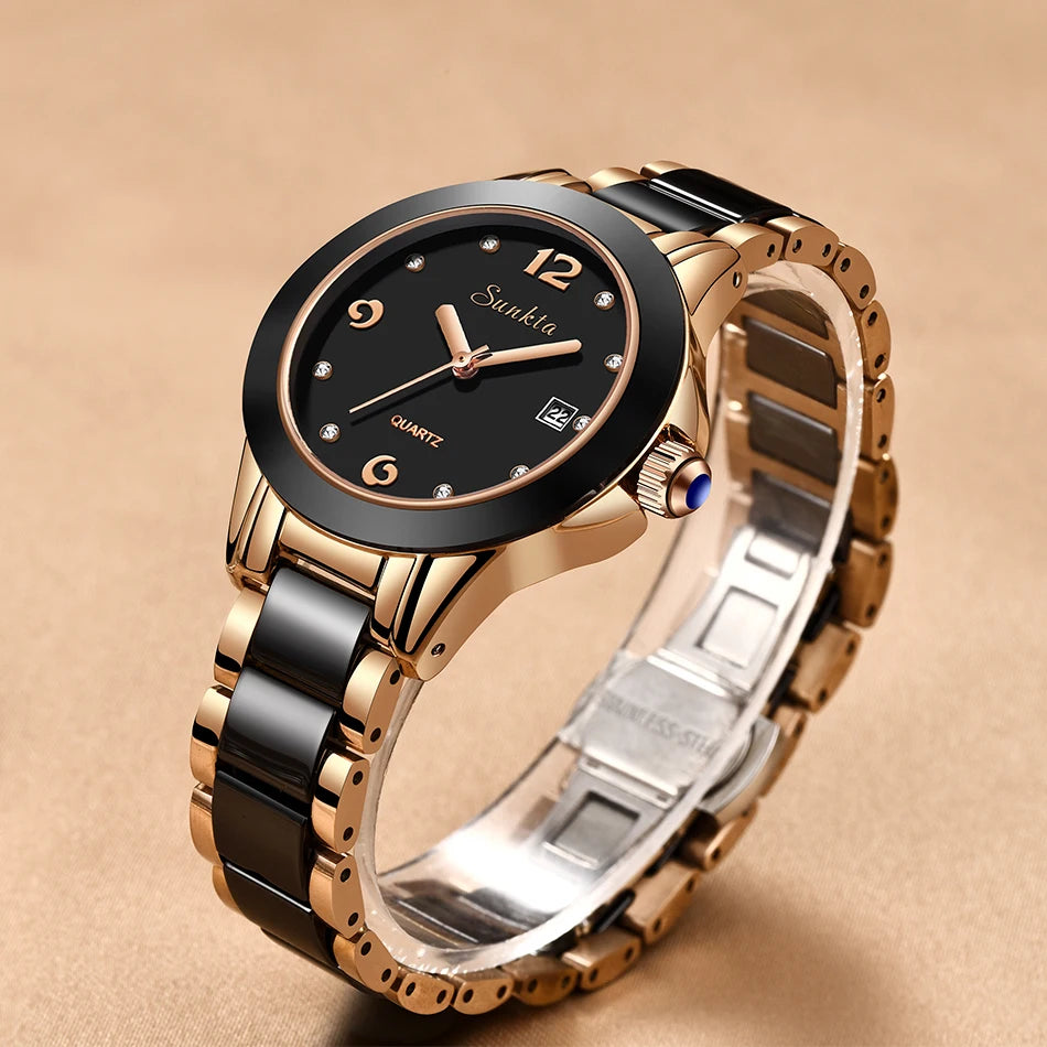 LIGE Brand SUNKTA Fashion Casual Woman Watch Ceramic Simple Bracelet Quartz Ladies Watches Date Waterproof Women's Wristwatches