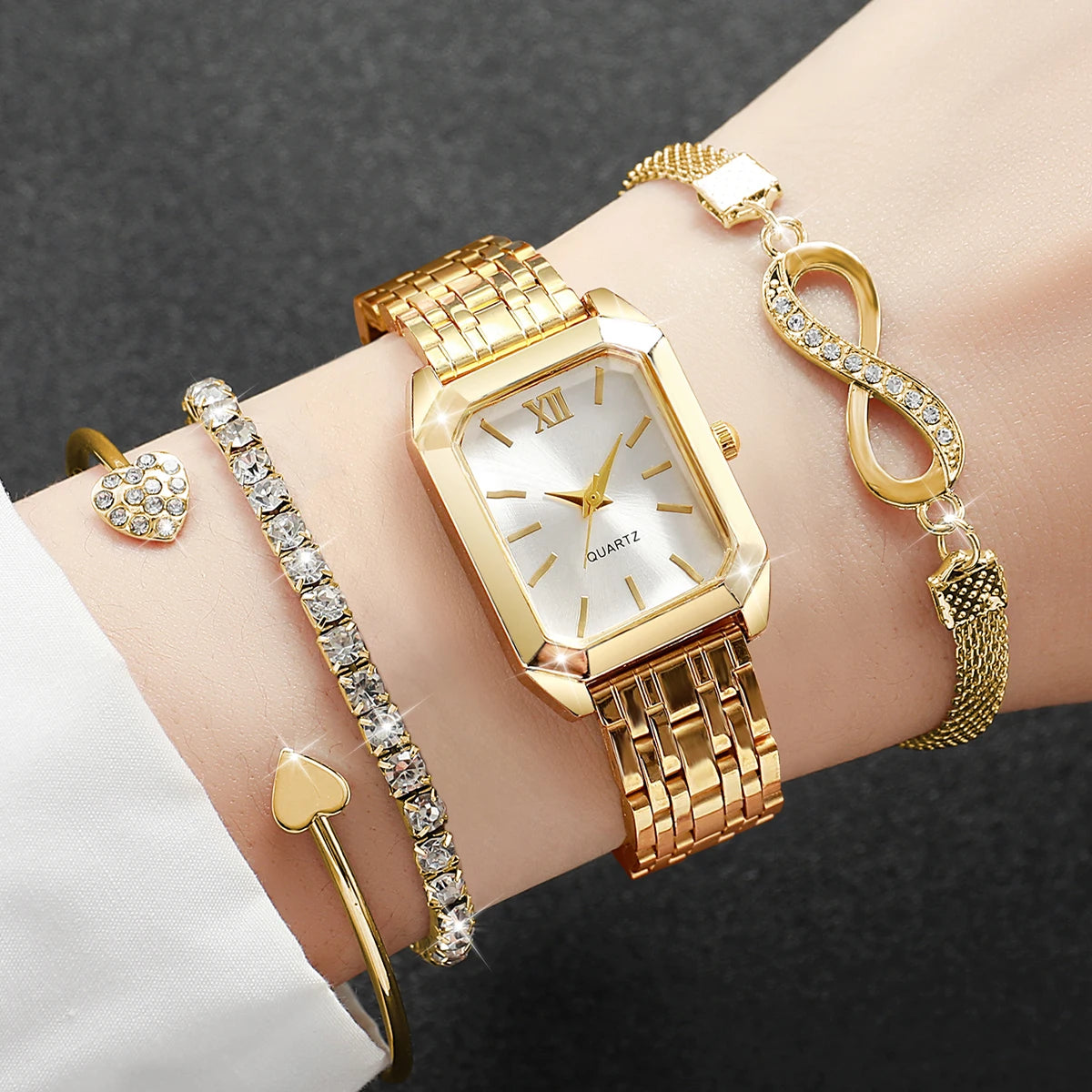 4PCS Elegant Rectangle Women Watch Rhinestone Bracelets Set Fashion Roma Dial Quartz Wristwatches Relogio Feminino (Without Box)