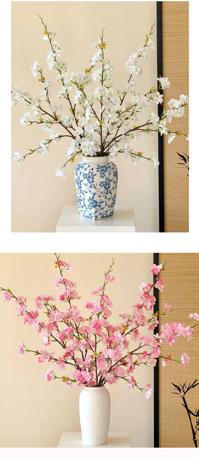 Japanese Style Artificial Cherry & Peach Blossom Bouquet, Faux Dried Floral Ornaments for Table & Living Room Home Decoration