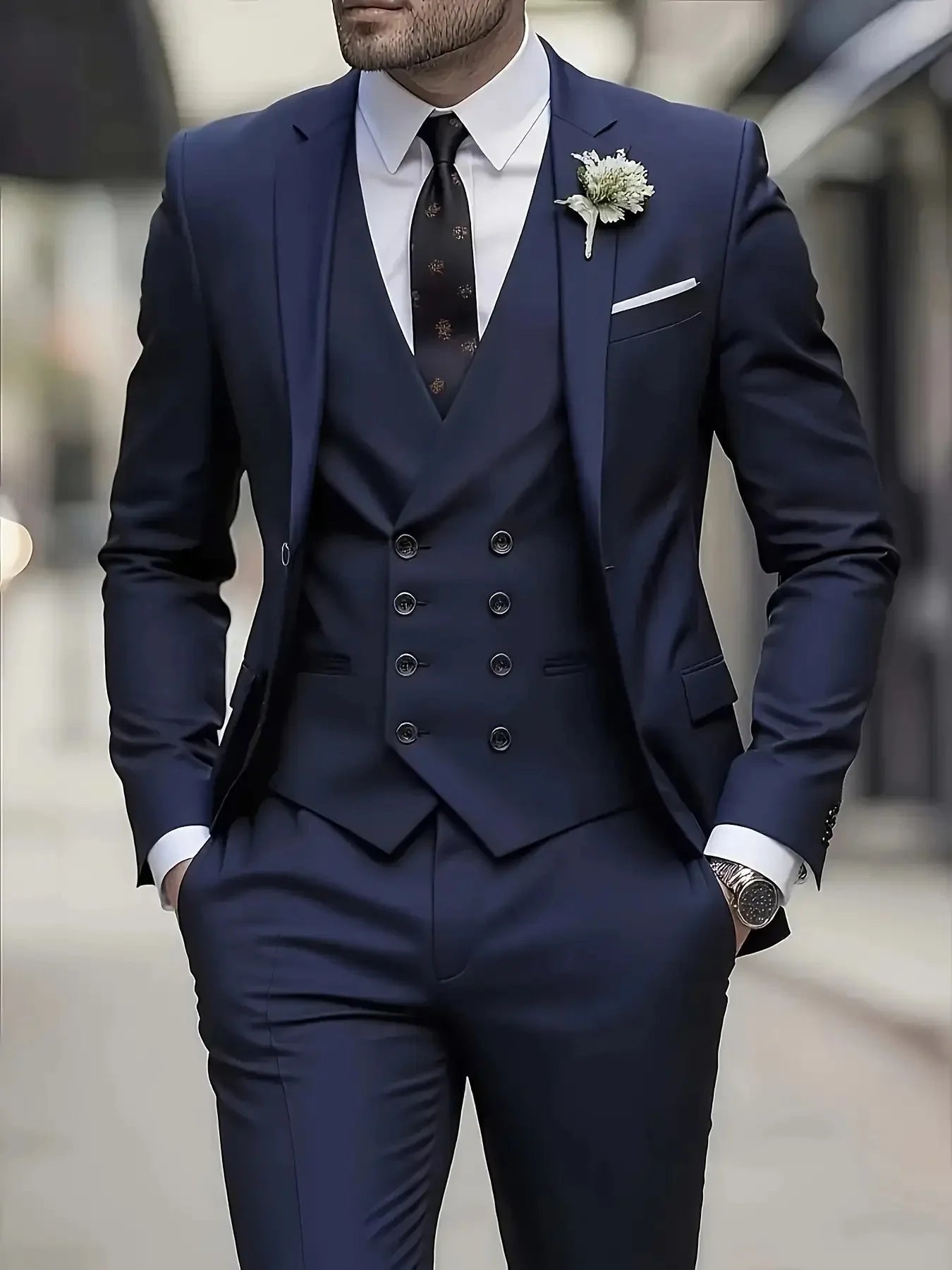 Men's Business Formal Suit 3-Piece Single Breasted Notch Lapel Solid Double Breasted Vest Elegant Office Party Wedding