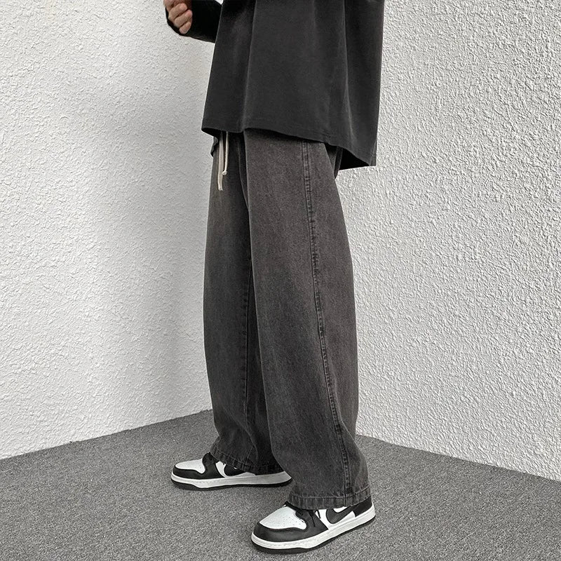 Boyfriend Style Vintage Solid Draped Denim Jeans, Loose Straight Korean High Street Y2K Hip Hop Floor-Length Wide Leg Pants