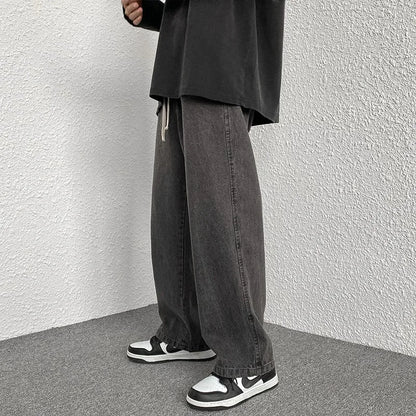 Boyfriend Style Vintage Solid Draped Denim Jeans, Loose Straight Korean High Street Y2K Hip Hop Floor-Length Wide Leg Pants