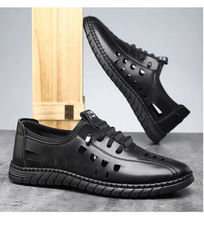 Men's Comfortable Breathable Business Hollow Loafers Slip-On Soft Bottom Sandals Easy Wear Hole Hole Shoes-HT2273