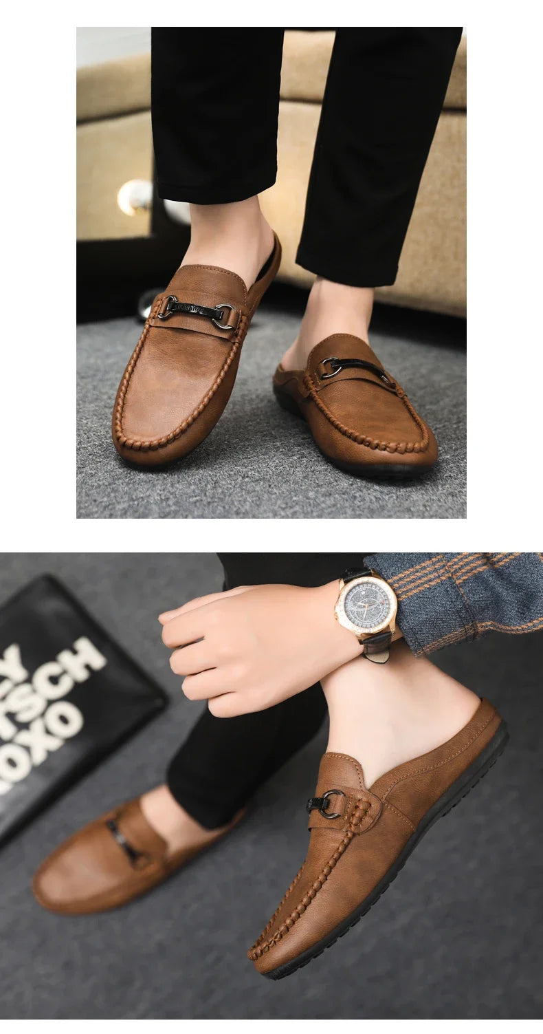Summer Half Shoes For Men Comfortable Leather Casual Shoes Soft Flat Men's Loafers Lightweight Slip-on Shoes Man Daily Slippers