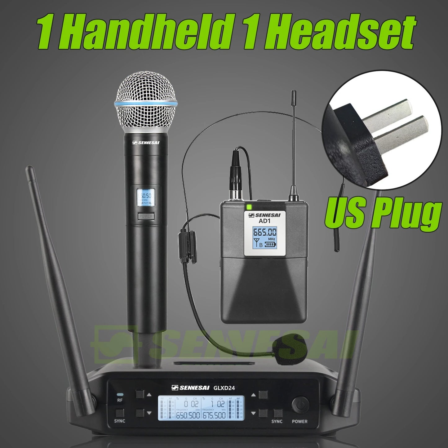 SENNESAI GLXD24 B58 Professional Dual Wireless Microphone 600-699MHz System Stage Performances UHF Dynamic 2 Channel Handheld
